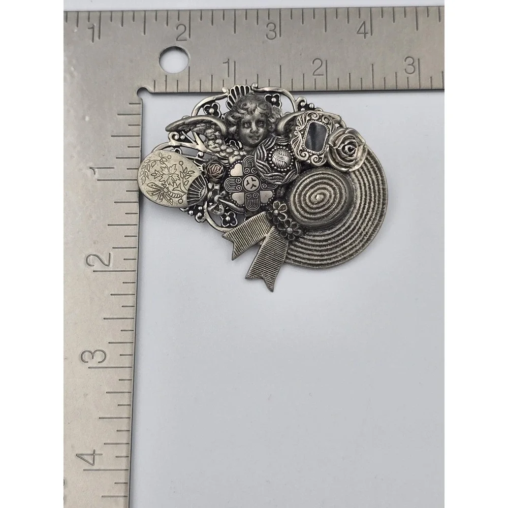 Vintage Style Silver Tone Cherub Fan‎ Hat Bow Collage Brooch Pin Fashion Jewelry